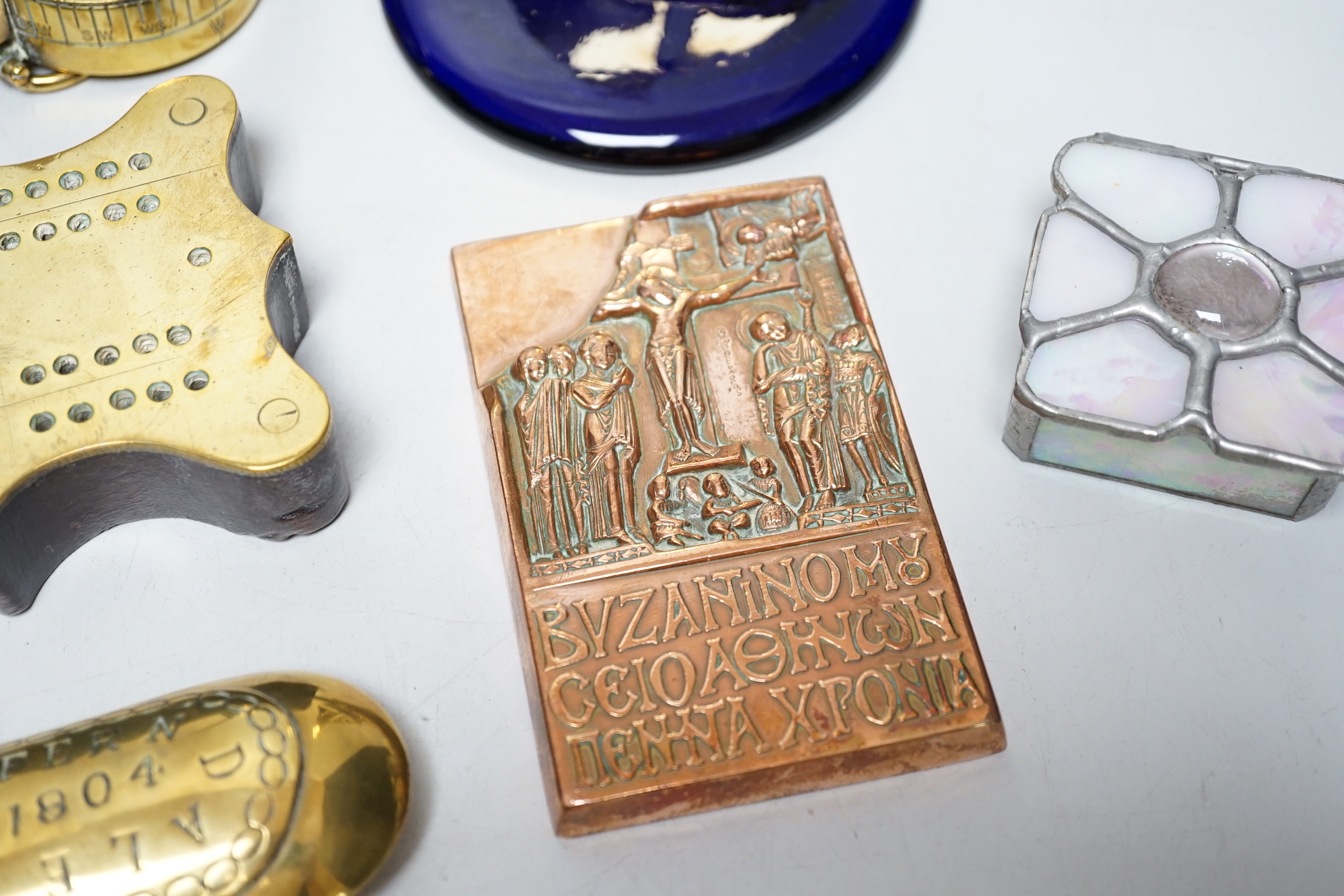 A group of assorted brass and other collectables, including a Welsh brass spectacle case inscribed Margaret Evans, Ferndale 1804